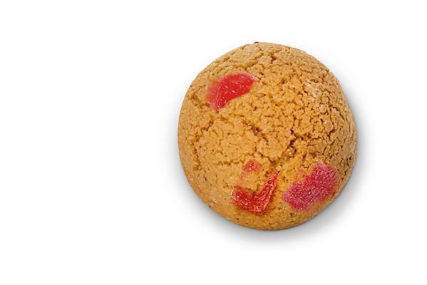 Cookie with red fruit mass inside.