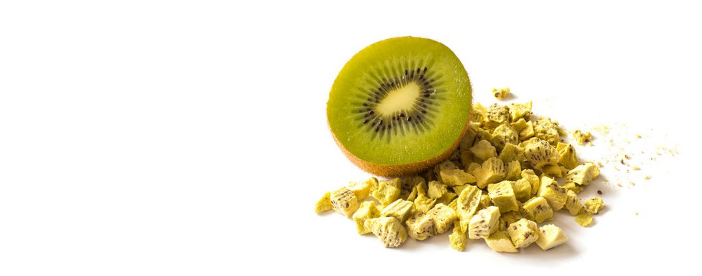 One half of a kiwi with a bunch of freeze-dried kiwi cubes.