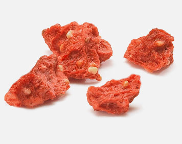 A few crunchy-looking freeze-dried pieces of strawberry.