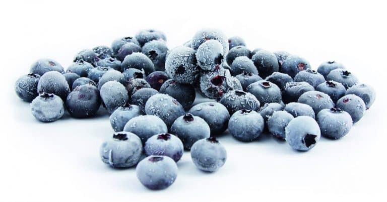A bunch of frozen blueberries.
