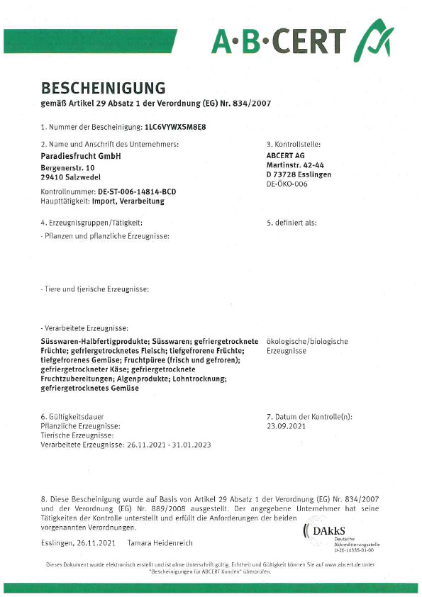 Bio Zertifikat deutsch gueltig bis 31.01.2023