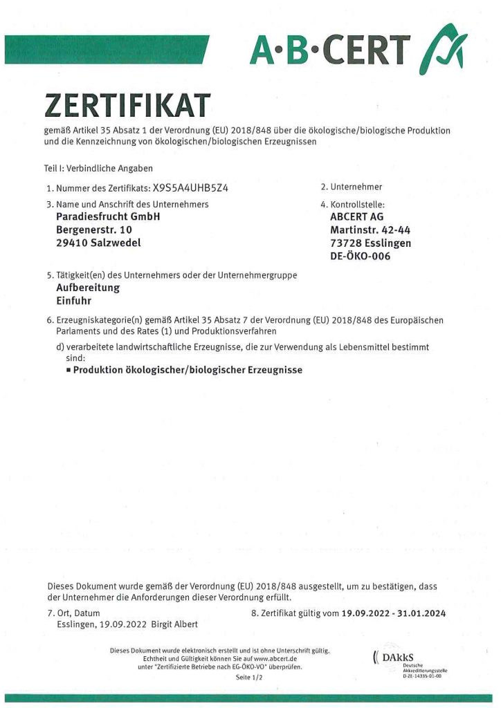 Bio Zertifikat deutsch bis 2024