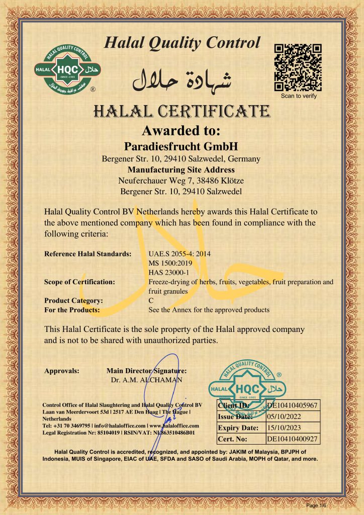 Halal Zertifikat Freeze dried 15.10.2023