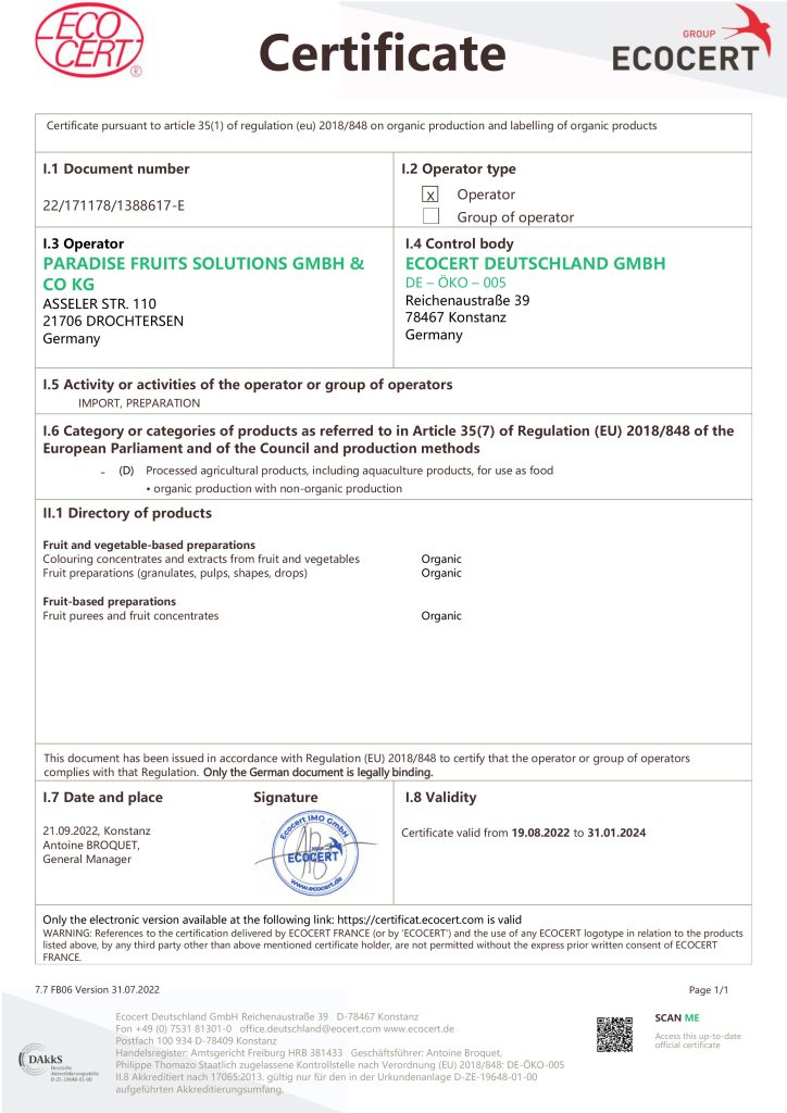 BIO Zertifikat Ecocert VO 2018 848 bis 01.2024 en