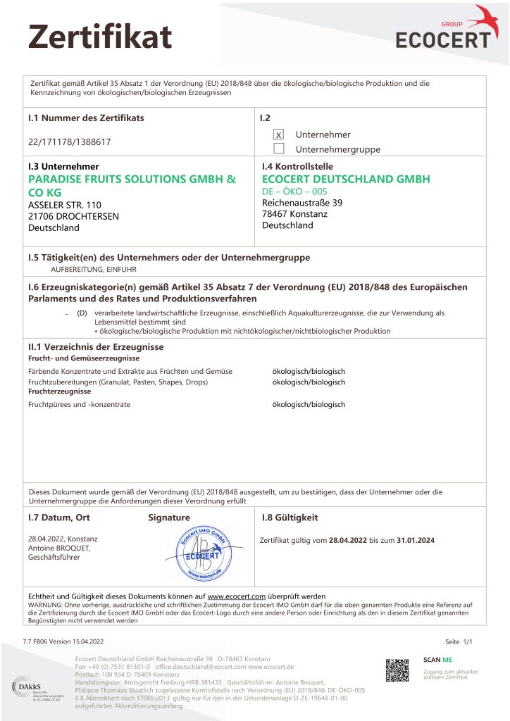 BIO Zertifikat Ecocert VO 2018 848 bis 01.2024 DE