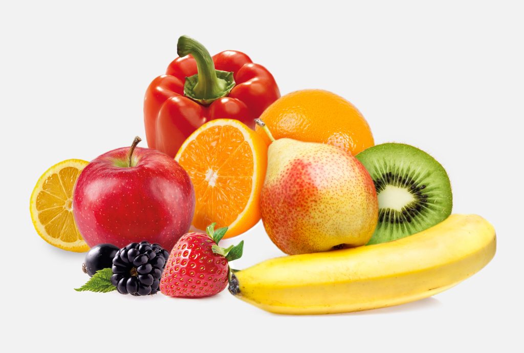 An assortment of fresh fruits and vegetables.