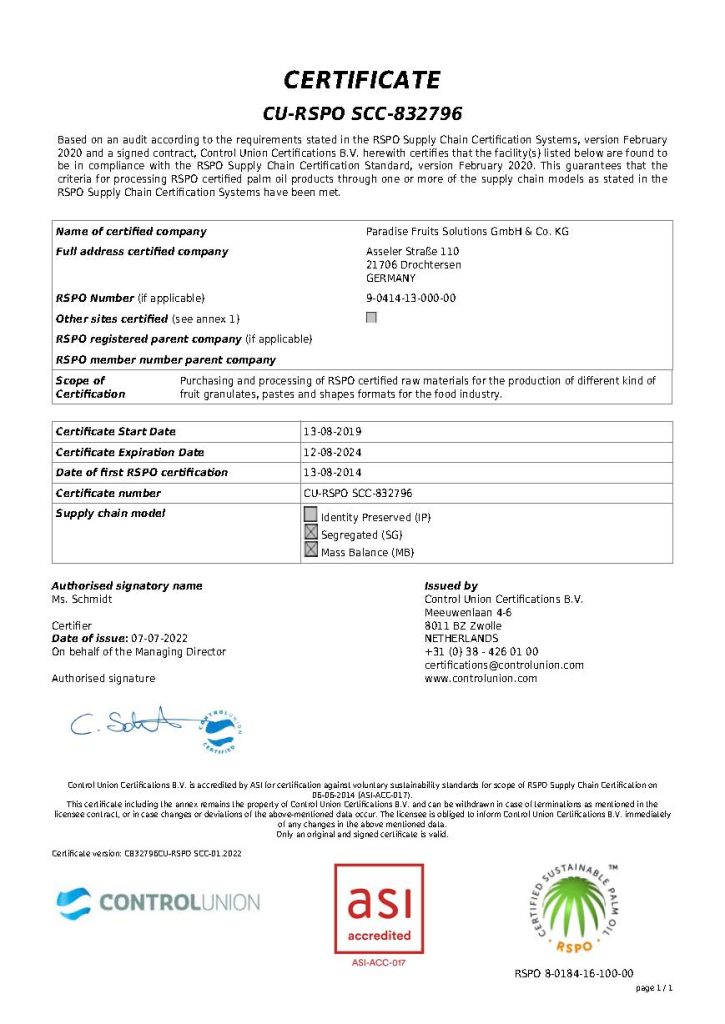 RSPO Zertifikat C832796CU RSPO SCC 01.2022